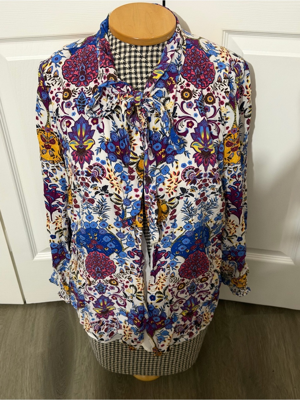 Talbots White Floral Tie-Neck Blouse with Blue & Purple Accents